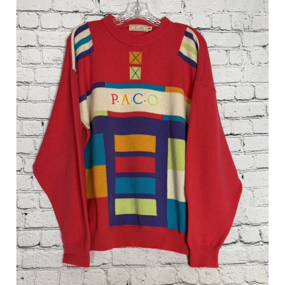 Vintage Womens Paco Large Wool Sweater Retro 80s 90s Multicolor Color Block